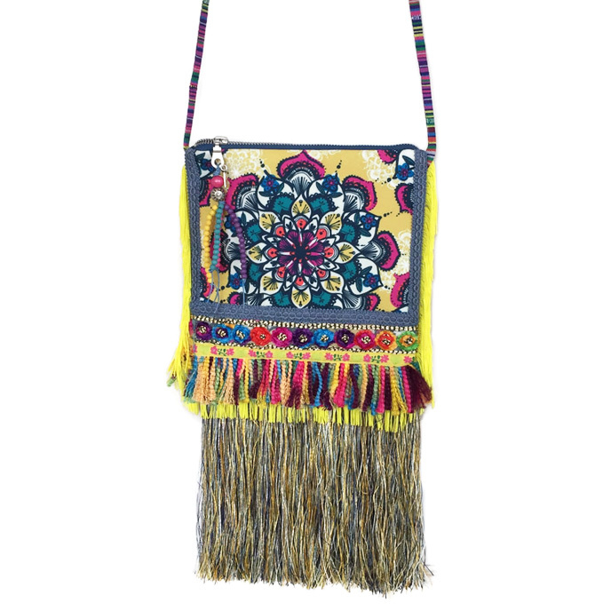 Gypsy festival purse yellow and multi colored with long fringe