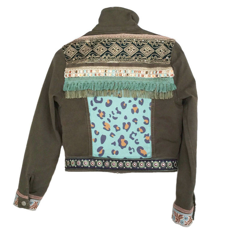 Khaki denim jacket boho style embellished with fringe and trims