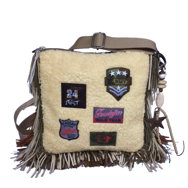Crossbody bohemian teddy fur with patches and fringe