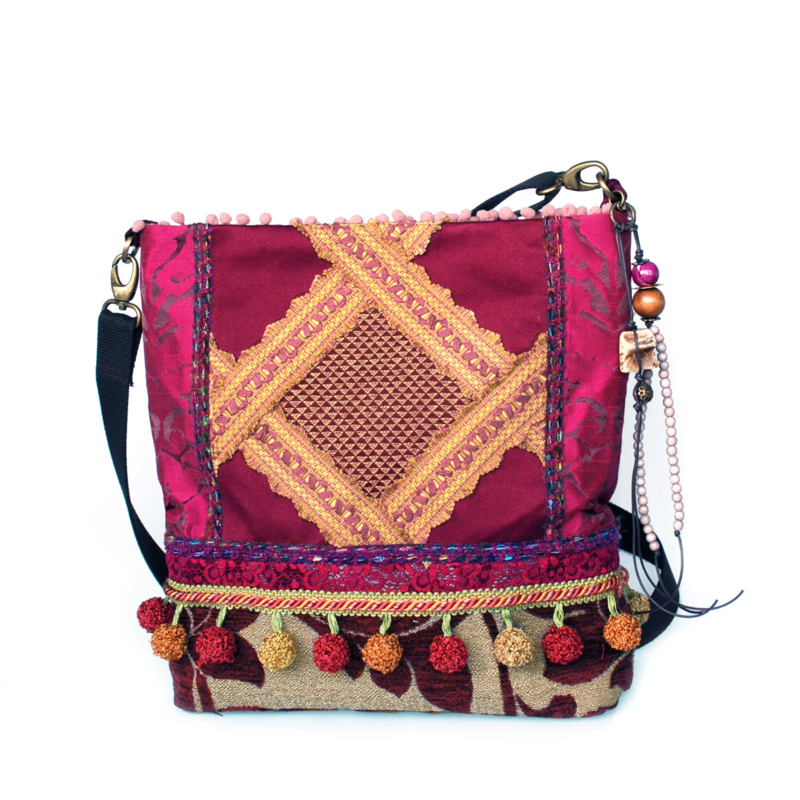 Hippie crossbody bag fuchsia bordeaux with pompons