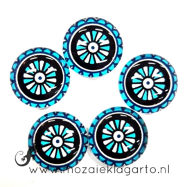 Cabochon/Plaksteen Glas 18 mm per 5 Wiel Aqua/Wit/Zwart 23378