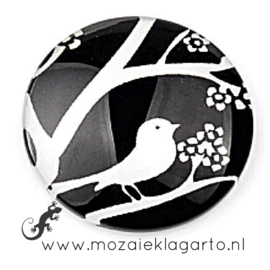 Cabochon/Plaksteen Glas 30 mm Zwart met witte vogel 12344