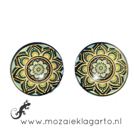 Cabochon/Plaksteen Glas 20 mm per 2 Mandala  Mint - Geel - Bruin 39154