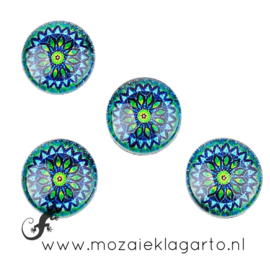 Cabochon/Plaksteen Glas 18 mm per 5 Mandala Groen - Blauw 23380