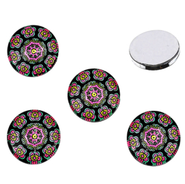 Cabochon/Plaksteen Glas 18 mm per 5 Mandala Zwart/Roze/Geel