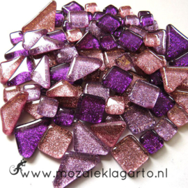 Glas Puzzelstukjes Glitter  Mix 100 gram Roze/Paars 879