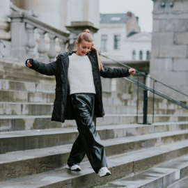 BROEK WIDE LEG LEDERLOOK, ZWART