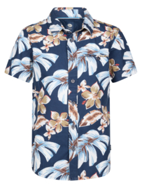 BLOUSE KORTE MOUW MET BLOEMEN PRINT, DONKER BLAUW