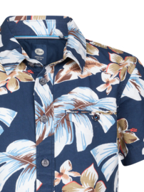 BLOUSE KORTE MOUW MET BLOEMEN PRINT, DONKER BLAUW
