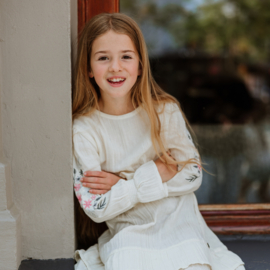 JURK MET BORDUURSEL OP DE MOUW, OFF-WHITE