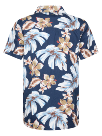 BLOUSE KORTE MOUW MET BLOEMEN PRINT, DONKER BLAUW