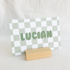 Lucian - Geboortekaartje met zijdegroen blokjesmotief