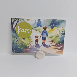 Kars - Geboortekaart met Jongetje en Hondje in het Bos