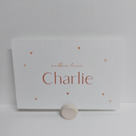 Charlie - Fris wit geboortekaartje met fijne hartjes in terracotta tinten