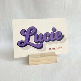 Lucie - trendy geboortekaartje in botergeel en paars