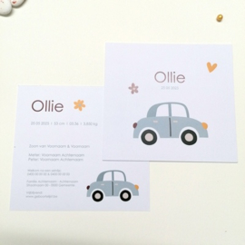 Ollie - Speels geboortekaartje met vrolijk autootje