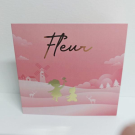 Fleur - Unieke geboortekaart met polderlandschap en zusjes in goudfolie