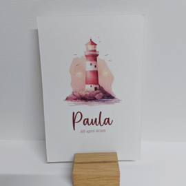 Paula - Stijlvol geboortekaartje met vuurtoren in warm rozerood