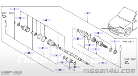 Aandrijfas links CG10DE Nissan Micra K11 39101-4F500 Gebruikt.