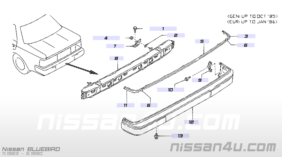Moulding-rear bumper guard Nissan Bluebird U11 85042-01E00 Original.
