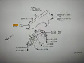 Zijscherm rechts Nissan Micra K11 63100-50B30 (DK6) Gebruikt, lichte schade.