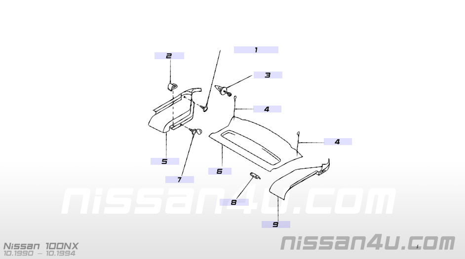 Finisher-rear parcel shelf, side left-hand Nissan 100NX B13 79912-61Y63 Used part.