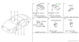 Raambedieningsschakelaar bijrijderskant Nissan 100NX B13 25411-69Y01 Origineel.