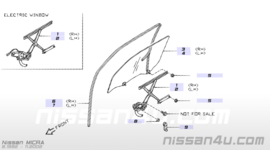 Raammechanisme linksvoor Nissan Micra K11 80701-4F100 Gebruikt.