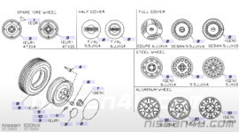 14 inch aluminium velgen met band 175/65R14 Nissan 40300-51C26 B13/ N14/ Y10 Gebruikt. Lichte schade.