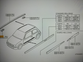 Clip moulding-roof drip front right-hand Nissan Micra K11 73856-41B00 Gebruikt.