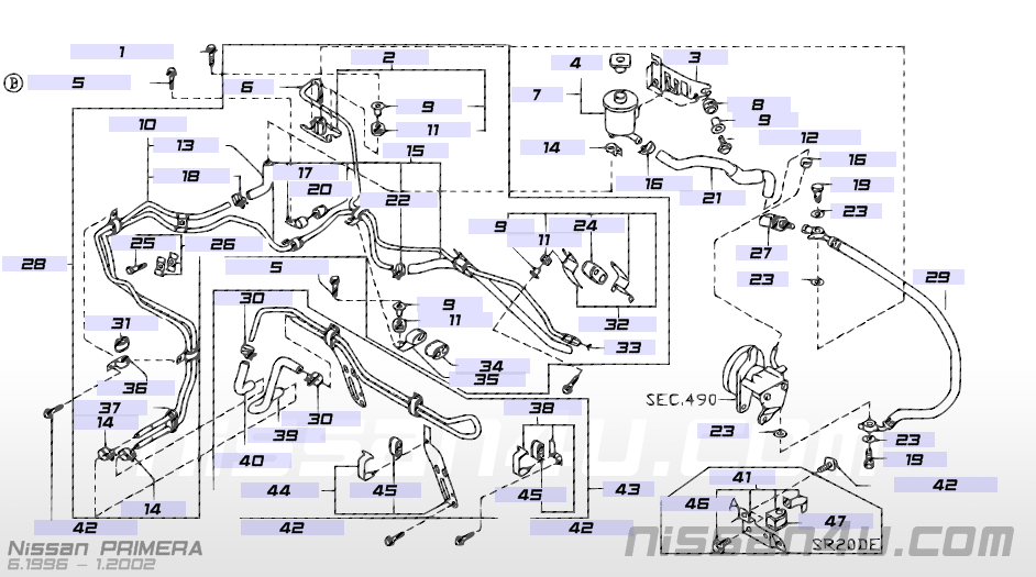 Hose pressure, power steering SR20DE Nissan Primera P11/ WP11 49720-2F211 Original.