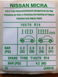 Label bandenspanning Nissan Micra K12 99090-AX810 Origineel.