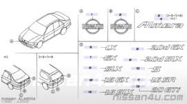 Embleem Almera Nissan Almera N15 90895-1N010 Gebruikt.