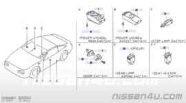 Portierschakelaar bijrijderszijde Nissan 25360-10V00 A32/ B13/ J30/ M11/ N14/ N15/ R50/ S13/ S14/ Y60/ Y61 Gebruikt.