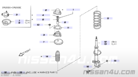 Veerpoot achteras links groen/oranje Nissan Primera P10 55020-90J24 + 55303-86J28 Gebruikt.