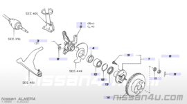 Wielnaaf Nissan Almera N15. linksvoor. ABS. 40015-0M005