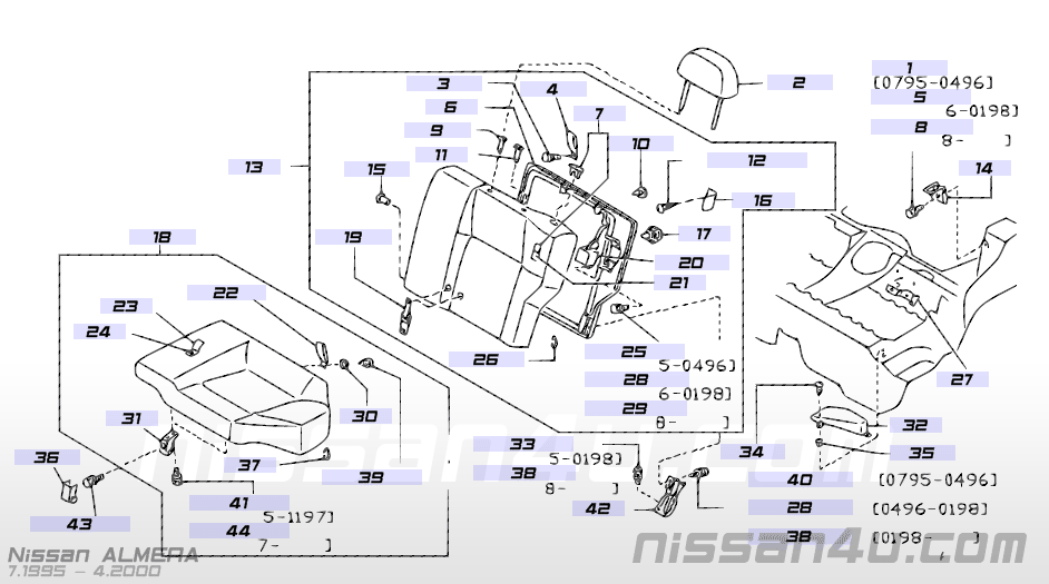 Achterbankzitting links Nissan Almera N15 88350-***** (20250621) Gebruikt. Lichte schade.