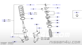 Veerpoot linksvoor Nissan 54303-52C27 + 54010-0M001 (54302-52C02) Gebruikt.