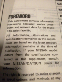 Service manual '' Model K10 series '' Suplement-I Nissan Micra K10 SM4E-K10SG0 Used part.