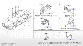 Portierschakelaar bestuurderszijde Nissan 25360-41L01 A32/ B12/ B13/ D21/ D22/ E24/ J30/ M11/ N13/ N14/ R50/ S13/ S14/ W10/ WD21/ Y10/ Y61/ Z32 Gebruikt.