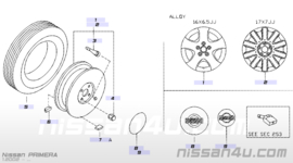 Emblem ornament-disc wheel Nissan 40344-AV600. Part of 40342-AV610 CK12/ E11/ J10/ K12/ N16/ P12/ V10 Used part.