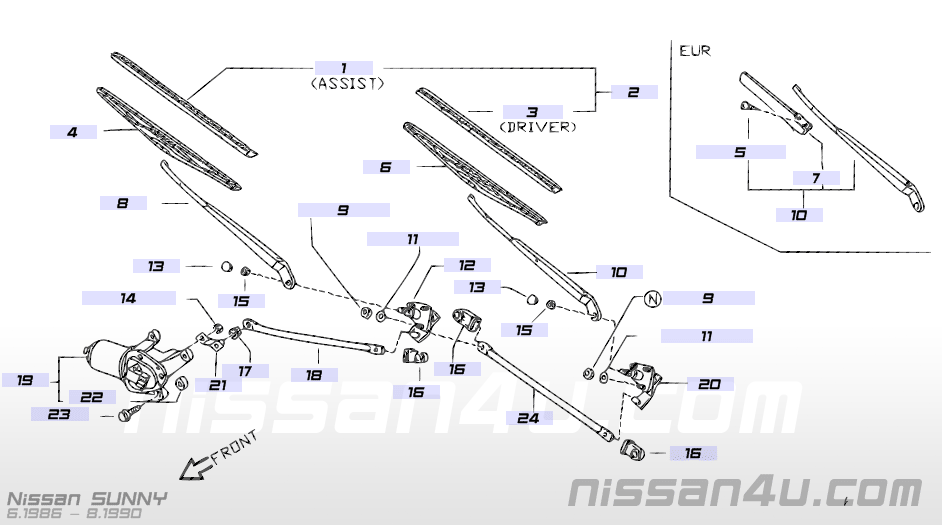 Ruitenwisserdraaipunt links Nissan Sunny Wagon B12 28860-60A00 Origineel.