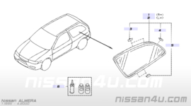 Zijraam linksachter Nissan Almera N15. 3-deurs h.b.83307-1N000 Helder