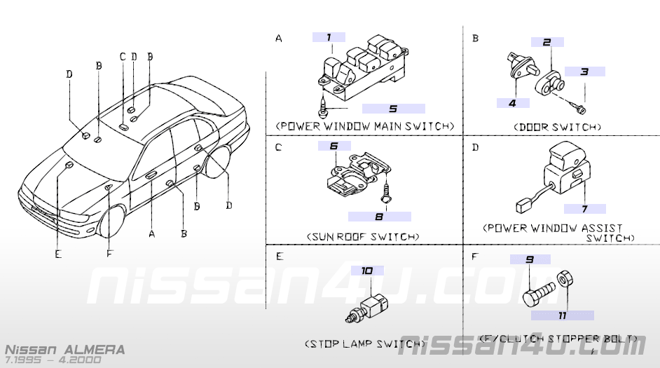 Raambedieningsschakelaar bijrijderskant Nissan 25411-0M010 D22/ N15/ R50/ Y10 Gebruikt.