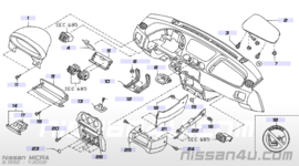 Middenpaneel dashboard Nissan Micra K11 68260-6F620 Variant 1 zonder opbergvakje. Gebruikt.