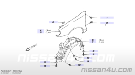 Bevestigingsclip binnenscherm Nissan 63848-35F00 A32/ CA33/ K11/ N16/ P11/ S13/ V10/ WP11/ Z33 Gebruikt.