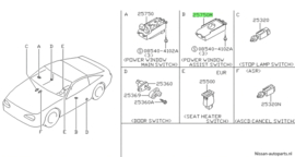 Raambedieningsschakelaar bijrijderskant Nissan 100NX B13 25411-62Y00 Origineel.