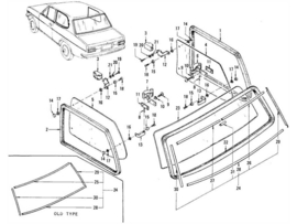 Glass-rear window Datsun Sunny B110 79713-H1003 Used part.