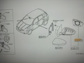 Spiegelglas rechts Nissan Qashqai J10/ JJ10 96365-JD11A (3001-844 / 4011 EHR) Nieuw.
