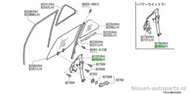 Regulator door window, rear, left-hand Nissan Bluebird T12/ T72 82701-D4005 Original.